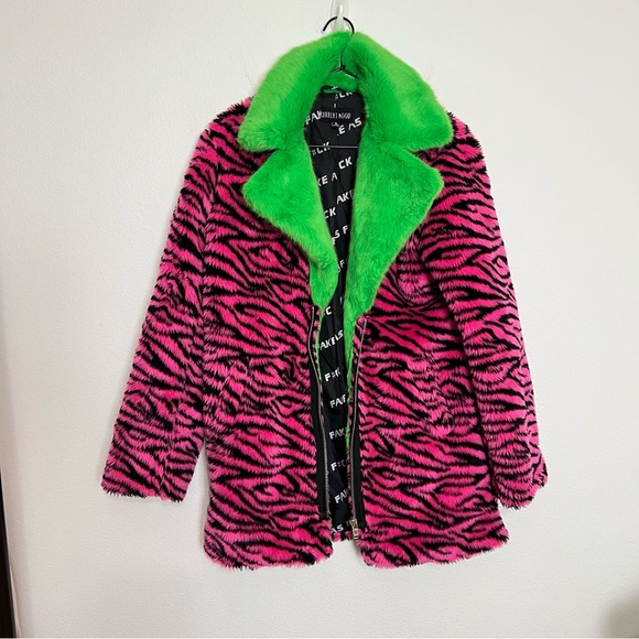 Dolls Kill Jackets & Blazers - Dolls Kill Current Mood Rare Breed Faux Fur Coat Pink Zebra Neon Green Small